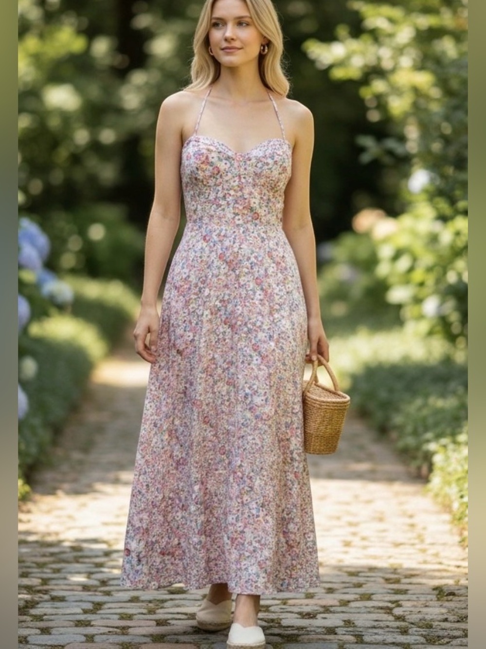 En Saison halter floral maxi dress pink floral size small